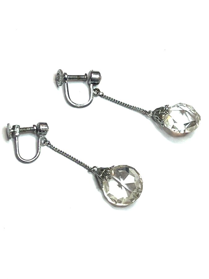 Antique Antique Art Deco Crystal and Silver plated Dangly Earrings Screw In