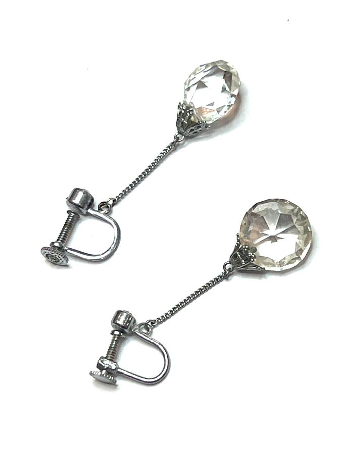 Antique Antique Art Deco Crystal and Silver plated Dangly Earrings Screw In