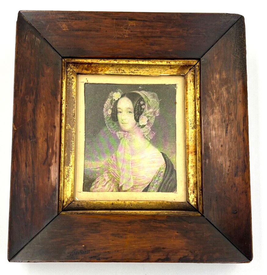 Antique Antique 19th Century Miniature Portrait Lithografic Photographic Print WoodFrame