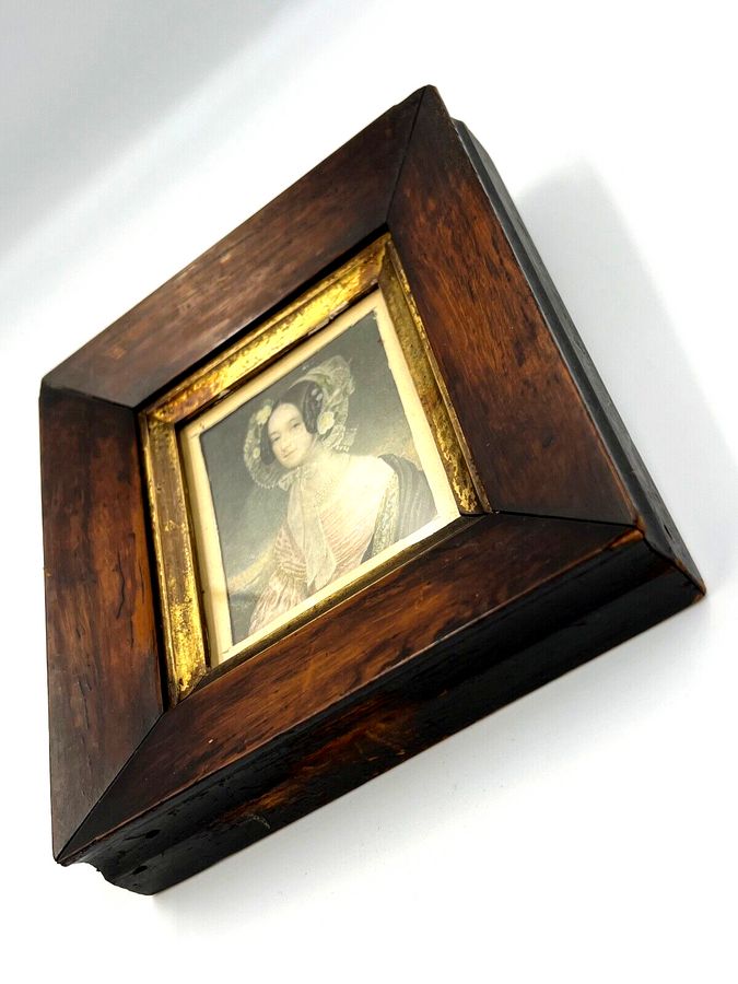 Antique Antique 19th Century Miniature Portrait Lithografic Photographic Print WoodFrame