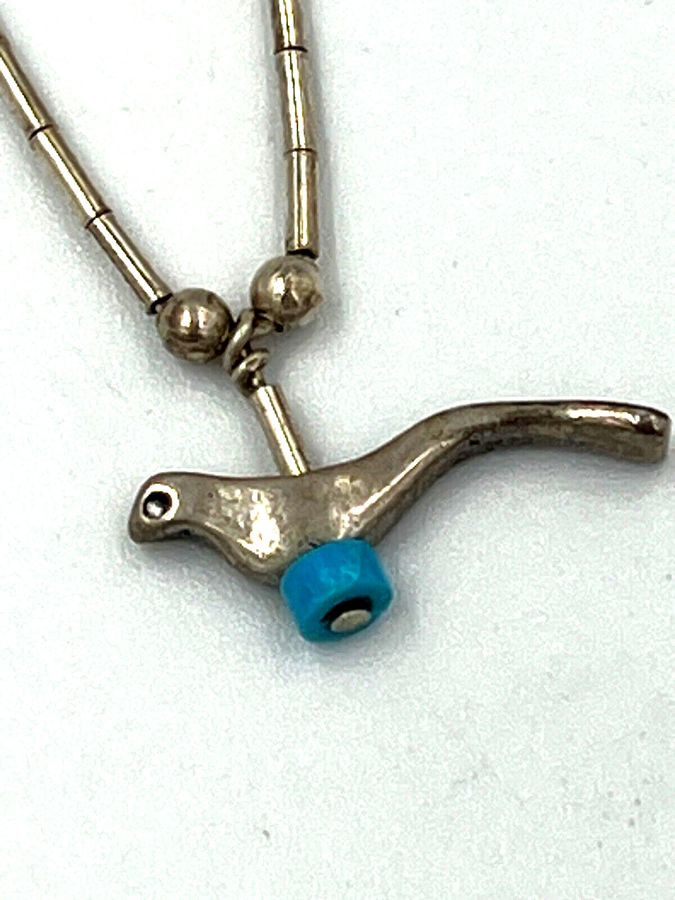 Antique Vintage Solid Silver Pendant Chain Bird sitting on Turquoise Bead Hallmarked