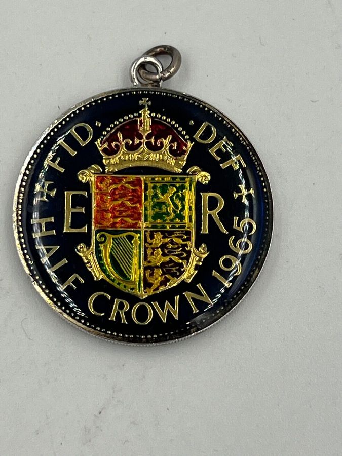 Antique Vintage Half Crown Enamelled Coin Pendant 1965 Queen Elizabeth