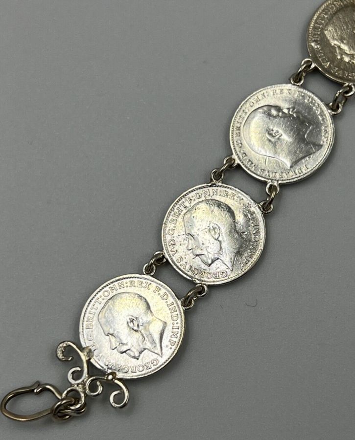 Antique Antique Victorian  3D Solid Silver Coin Link Bracelet 1900 - 1920