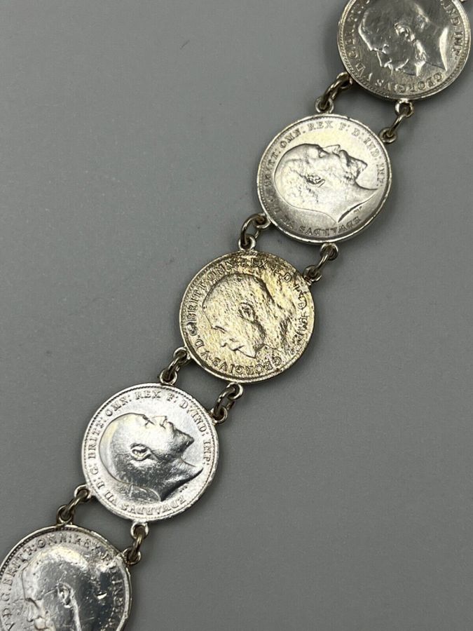 Antique Antique Victorian  3D Solid Silver Coin Link Bracelet 1900 - 1920