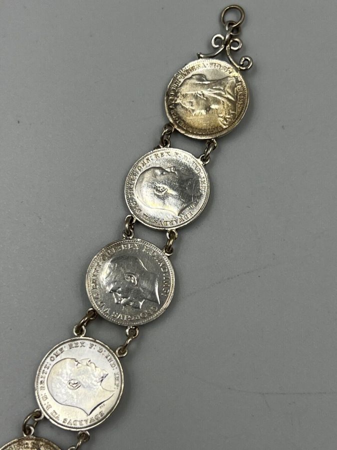 Antique Antique Victorian  3D Solid Silver Coin Link Bracelet 1900 - 1920