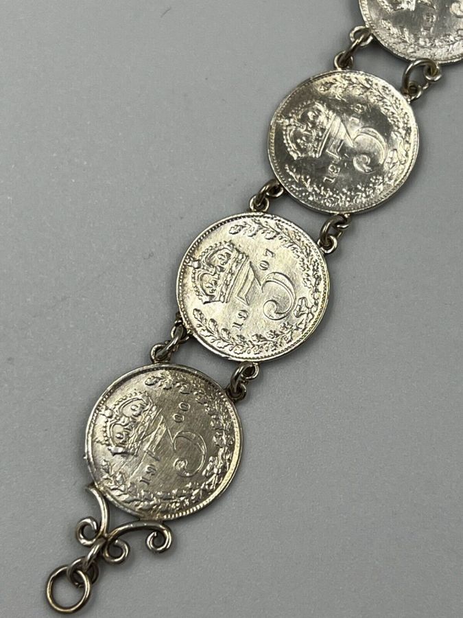 Antique Antique Victorian  3D Solid Silver Coin Link Bracelet 1900 - 1920