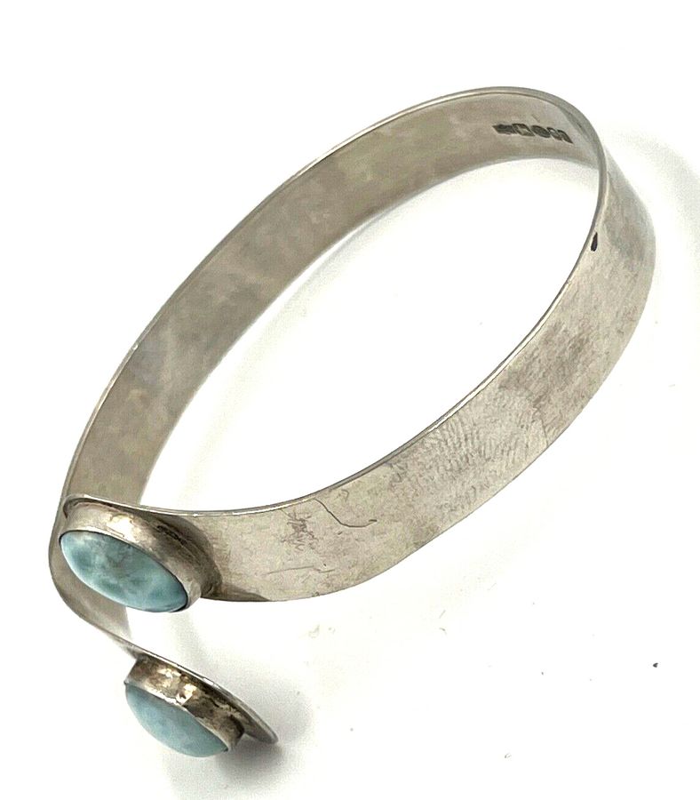 Antique Vintage Solid Silver Bangle Bracelet  2 Large Larimar Gemstones Adjustable