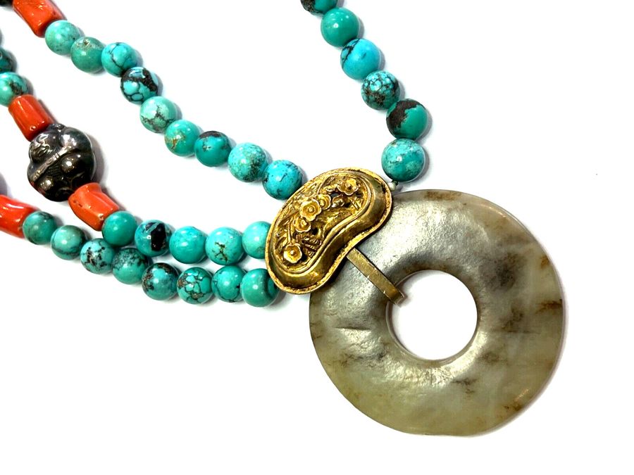 Antique Vintage Natural Turquoise Natural Coral Natural Agate Silver Necklace