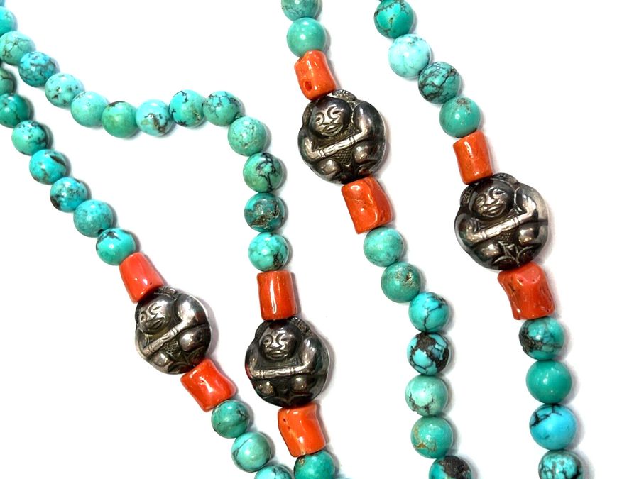 Antique Vintage Natural Turquoise Natural Coral Natural Agate Silver Necklace