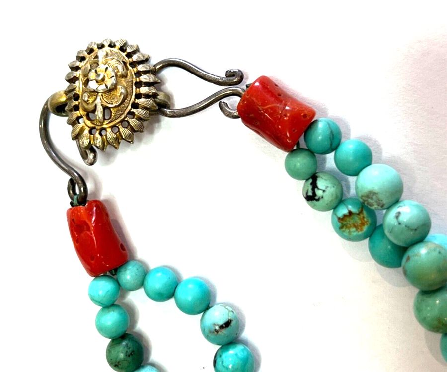 Antique Vintage Natural Turquoise Natural Coral Natural Agate Silver Necklace