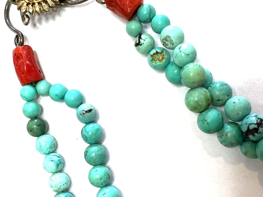 Antique Vintage Natural Turquoise Natural Coral Natural Agate Silver Necklace