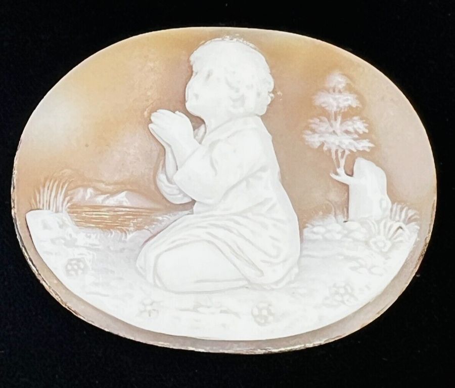 Antique Antique Victorian Large Shell Cameo Carving of Jesus Looking up to Heaven C1890