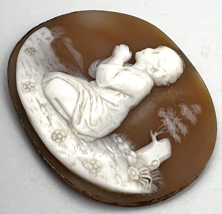 Antique Antique Victorian Large Shell Cameo Carving of Jesus Looking up to Heaven C1890