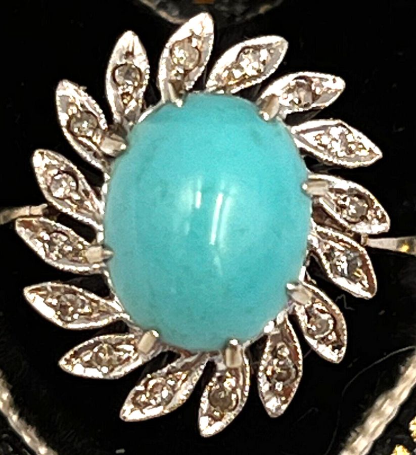 Vintage Turquoise Cabochon & Diamond Ring 18CT White Gold Size J, US Size 5