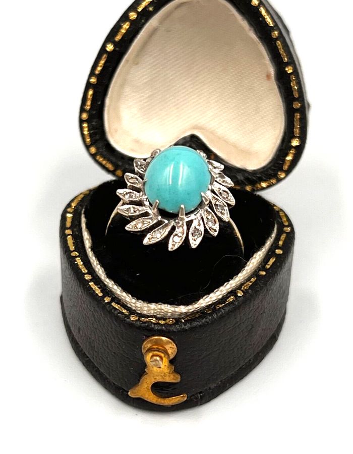 Antique Vintage Turquoise Cabochon & Diamond Ring 18CT White Gold Size J, US Size 5