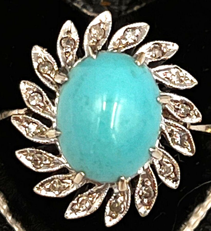 Antique Vintage Turquoise Cabochon & Diamond Ring 18CT White Gold Size J, US Size 5