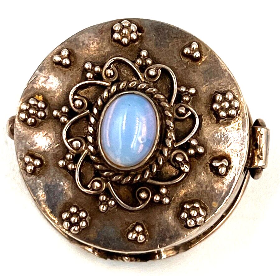 Antique Antique Sterling Silver Round Pill Box Hand Made & Set with Czech Glass Cabochon