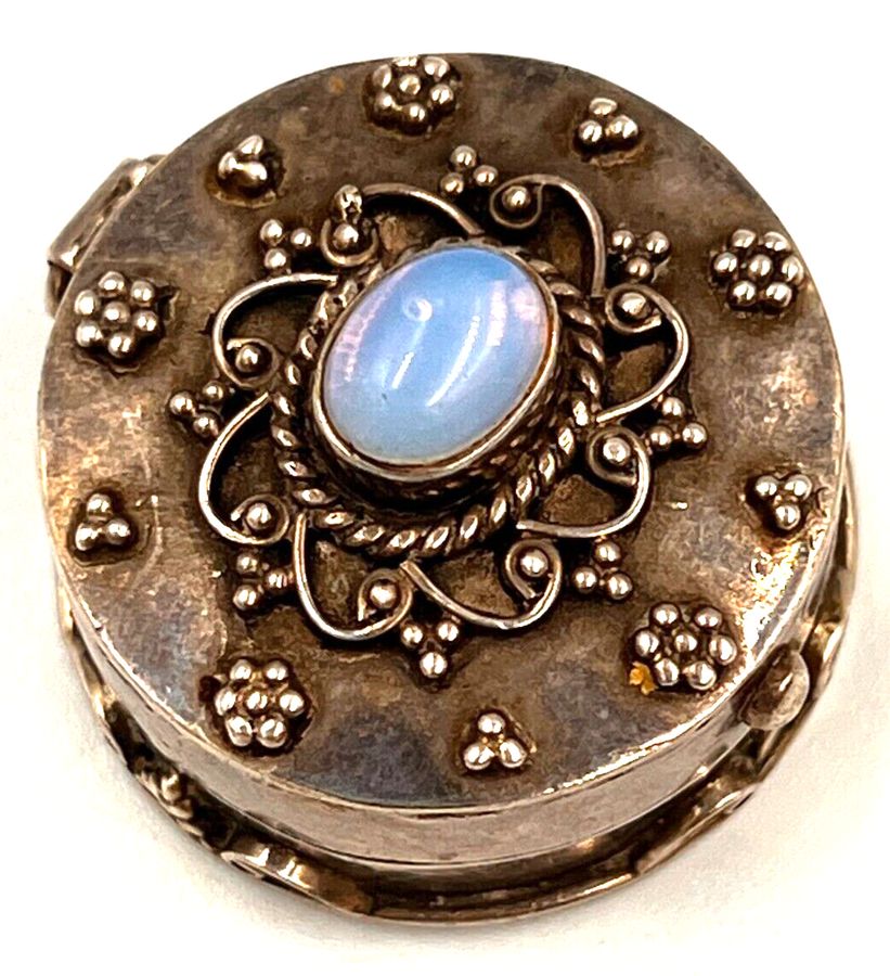 Antique Antique Sterling Silver Round Pill Box Hand Made & Set with Czech Glass Cabochon