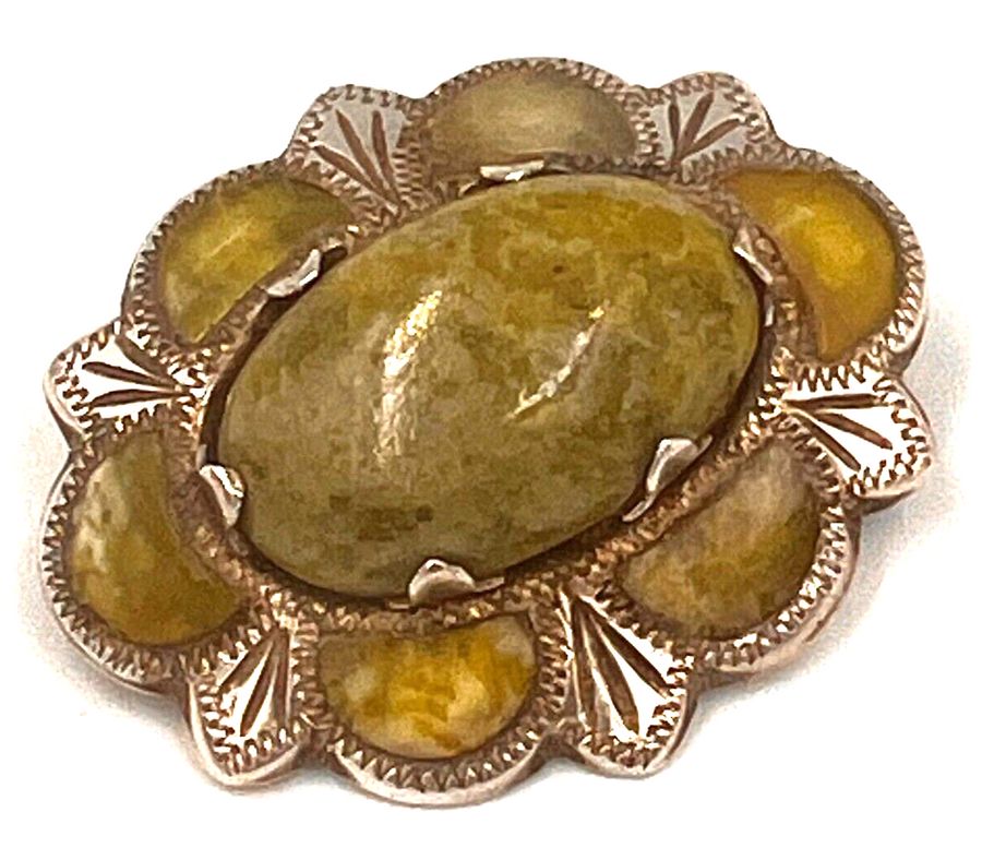 Antique Antique Victorian Scottish Oval Sterling Silver Moss Green Cabochon Agate Brooch