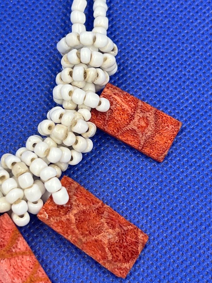 Antique Antique Art Deco Milk Glass & Natural Coral Necklace Choker  1920-1930s