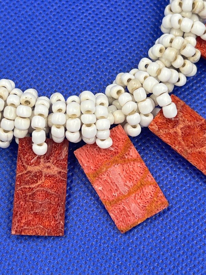 Antique Antique Art Deco Milk Glass & Natural Coral Necklace Choker  1920-1930s