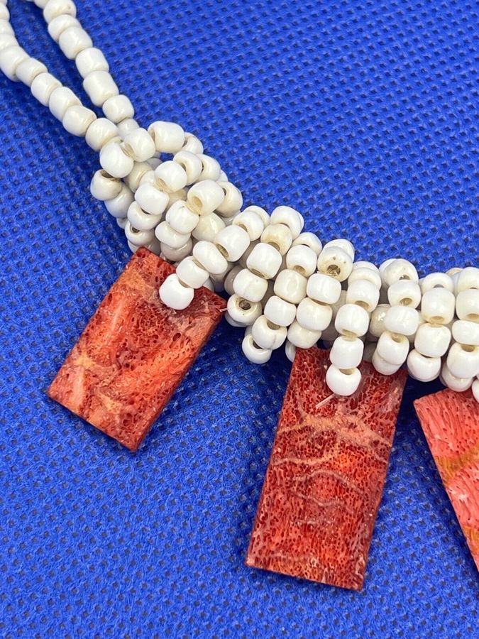 Antique Antique Art Deco Milk Glass & Natural Coral Necklace Choker  1920-1930s