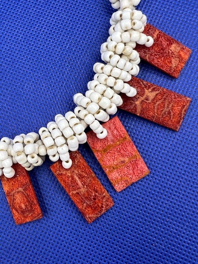 Antique Antique Art Deco Milk Glass & Natural Coral Necklace Choker  1920-1930s