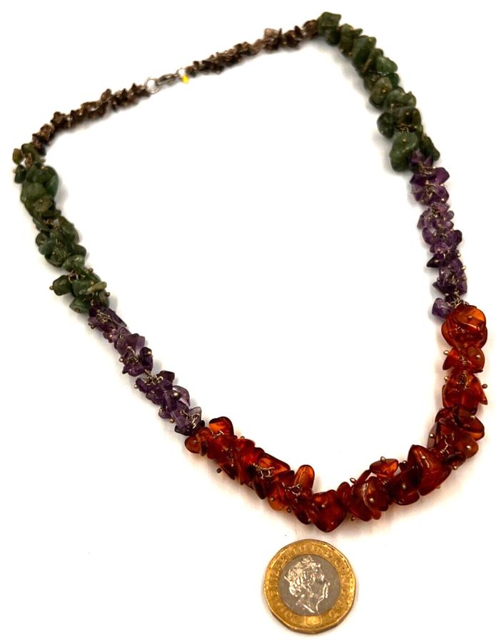 Antique Vintage 4 Stone Natural Amber Jade Amethyst & Smoky Quartz Necklace Silver Clasp