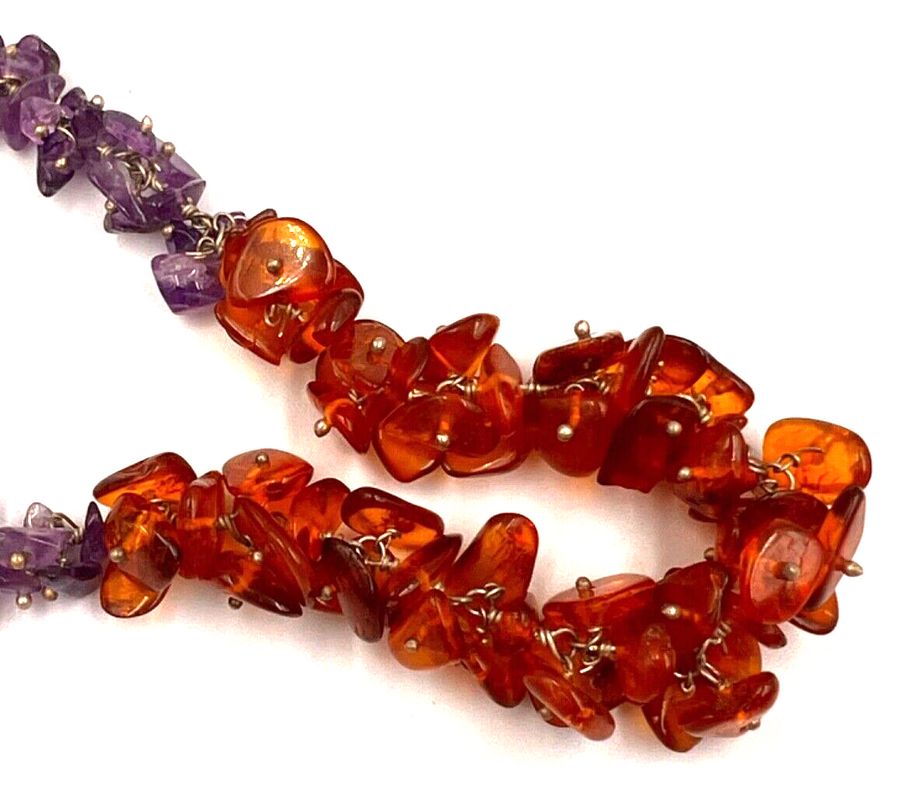 Antique Vintage 4 Stone Natural Amber Jade Amethyst & Smoky Quartz Necklace Silver Clasp