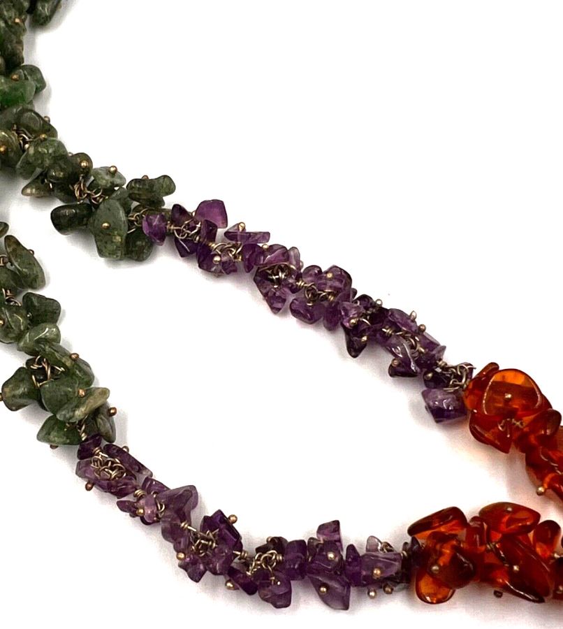 Antique Vintage 4 Stone Natural Amber Jade Amethyst & Smoky Quartz Necklace Silver Clasp