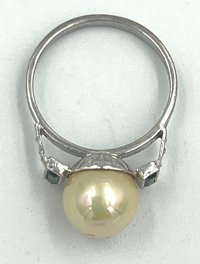 Antique Vintage Silver Ring Set with Czech Green and Large Faux Pearl Hand Made