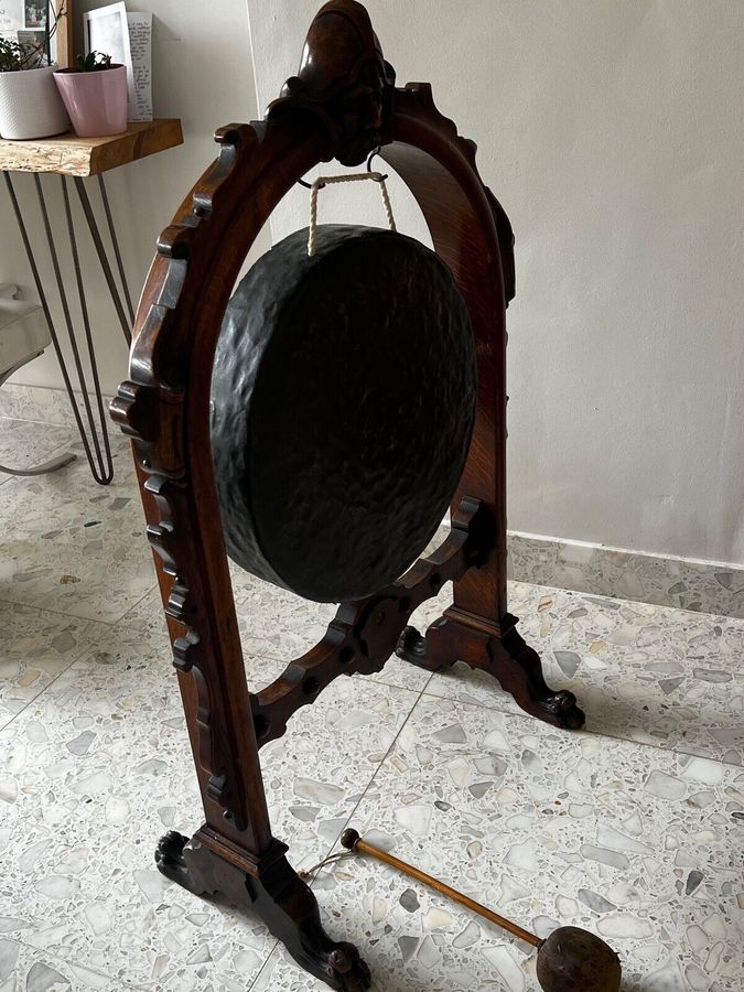 Antique Antique Carved Oak Large Dinner Gong Circa 1900 Bronze Gong