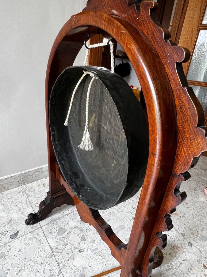 Antique Antique Carved Oak Large Dinner Gong Circa 1900 Bronze Gong