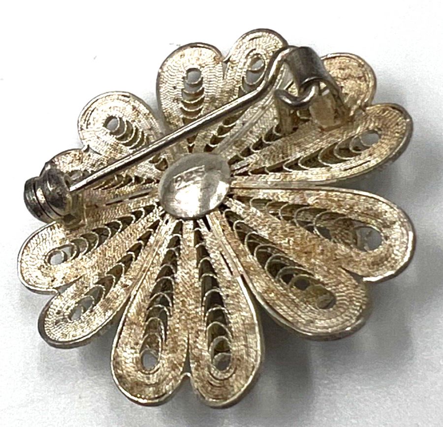 Antique Vintage Sterling Silver Filigree Round Floral Brooch