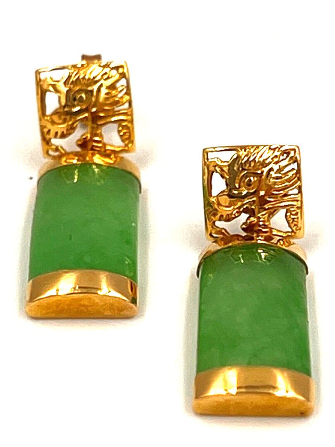 Antique Antique Chinese Art Deco 14CT Gold & Jade Drop Earrings Dragon Head Pierced Ears