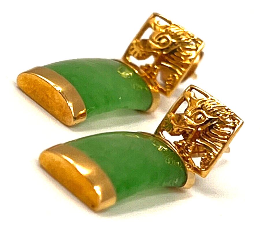 Antique Antique Chinese Art Deco 14CT Gold & Jade Drop Earrings Dragon Head Pierced Ears