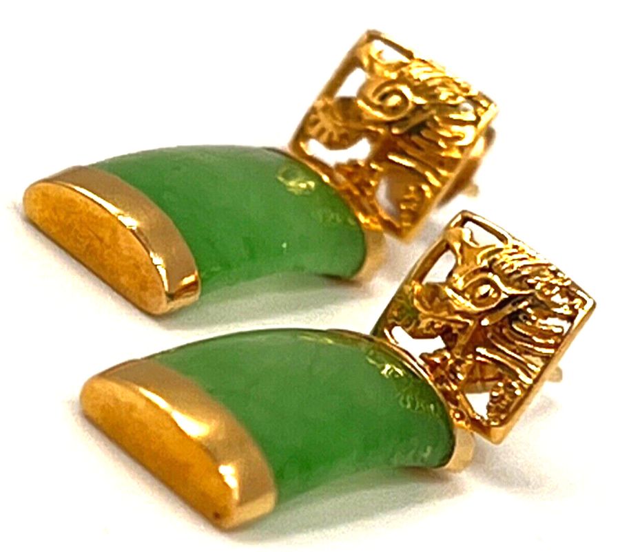 Antique Antique Chinese Art Deco 14CT Gold & Jade Drop Earrings Dragon Head Pierced Ears