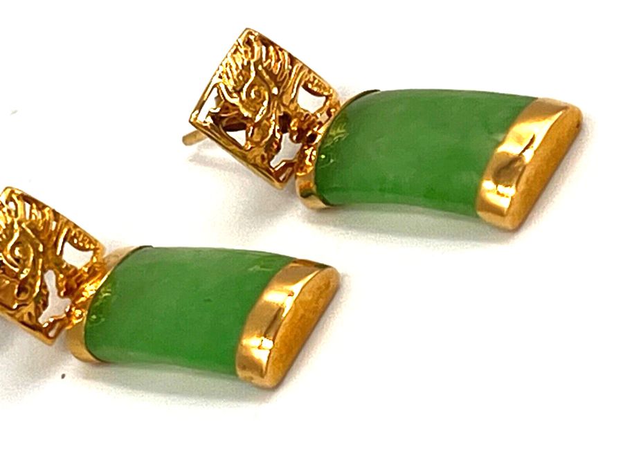 Antique Antique Chinese Art Deco 14CT Gold & Jade Drop Earrings Dragon Head Pierced Ears