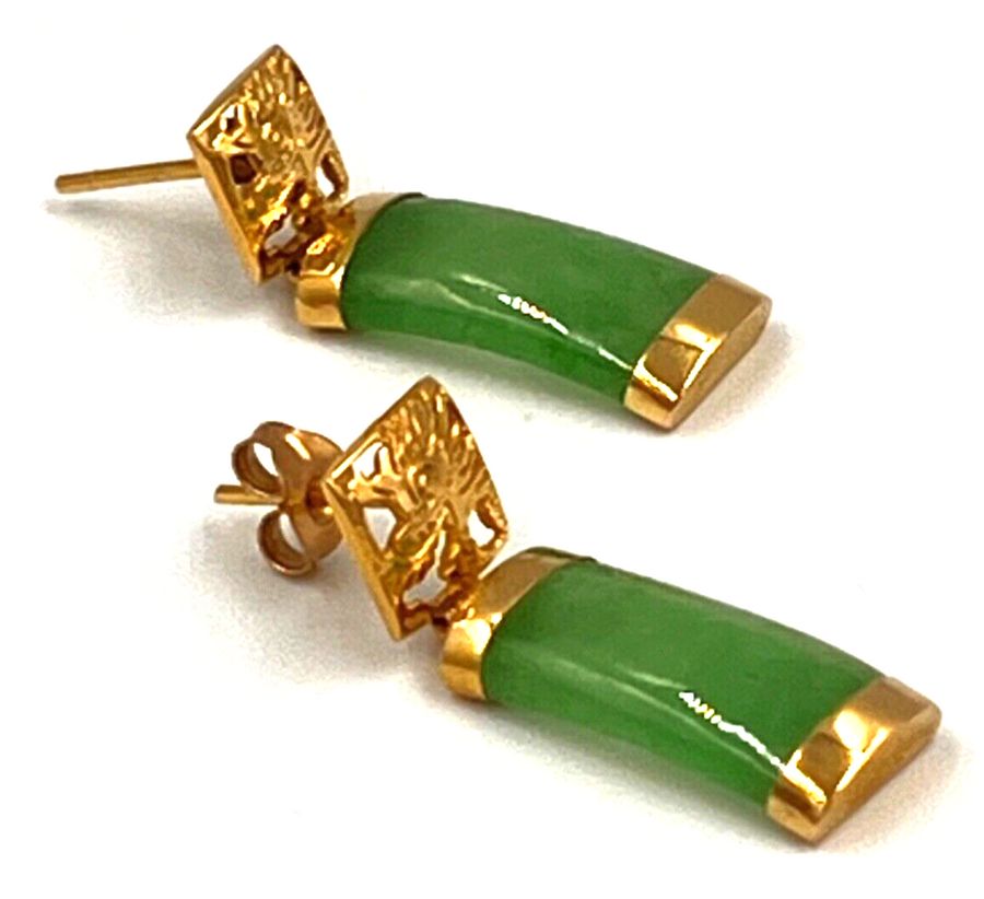 Antique Antique Chinese Art Deco 14CT Gold & Jade Drop Earrings Dragon Head Pierced Ears