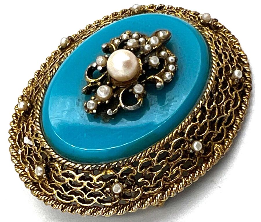 Antique Antique Victorian EX Large Czech Turquoise Brooch Set with Pearls