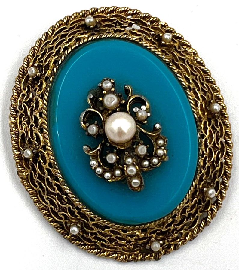 Antique Antique Victorian EX Large Czech Turquoise Brooch Set with Pearls