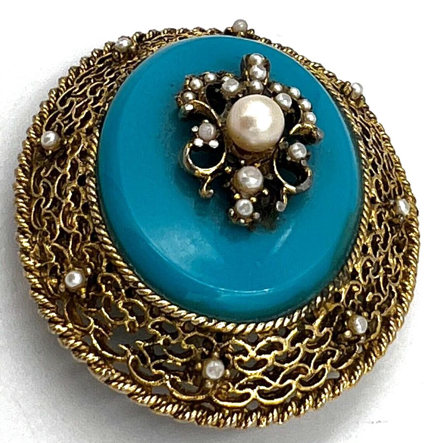 Antique Antique Victorian EX Large Czech Turquoise Brooch Set with Pearls