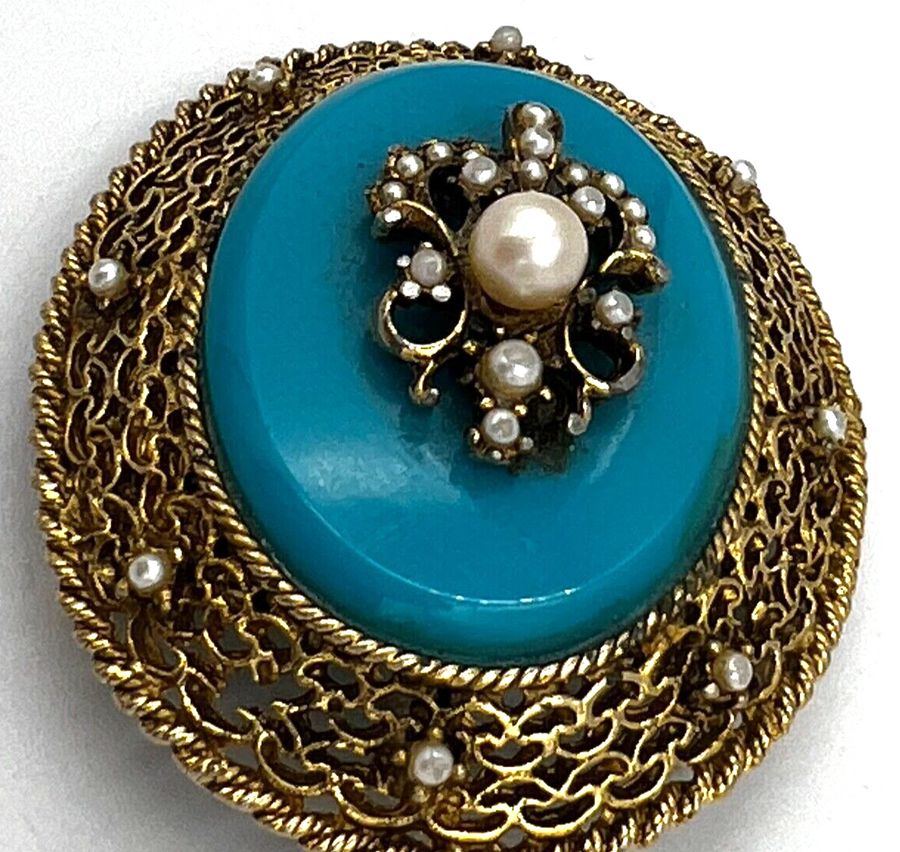 Antique Antique Victorian EX Large Czech Turquoise Brooch Set with Pearls