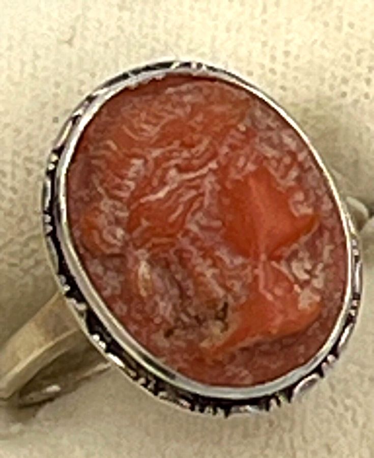 Antique Antique Victorian Carved Coral Cameo Ring Silver Hallmarked Size Q