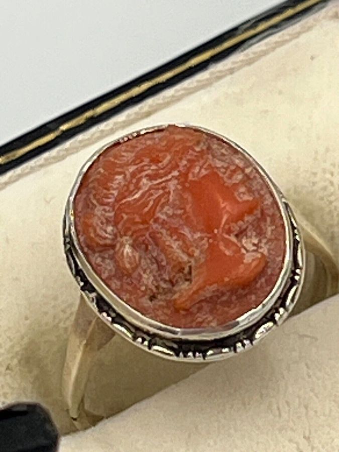 Antique Antique Victorian Carved Coral Cameo Ring Silver Hallmarked Size Q