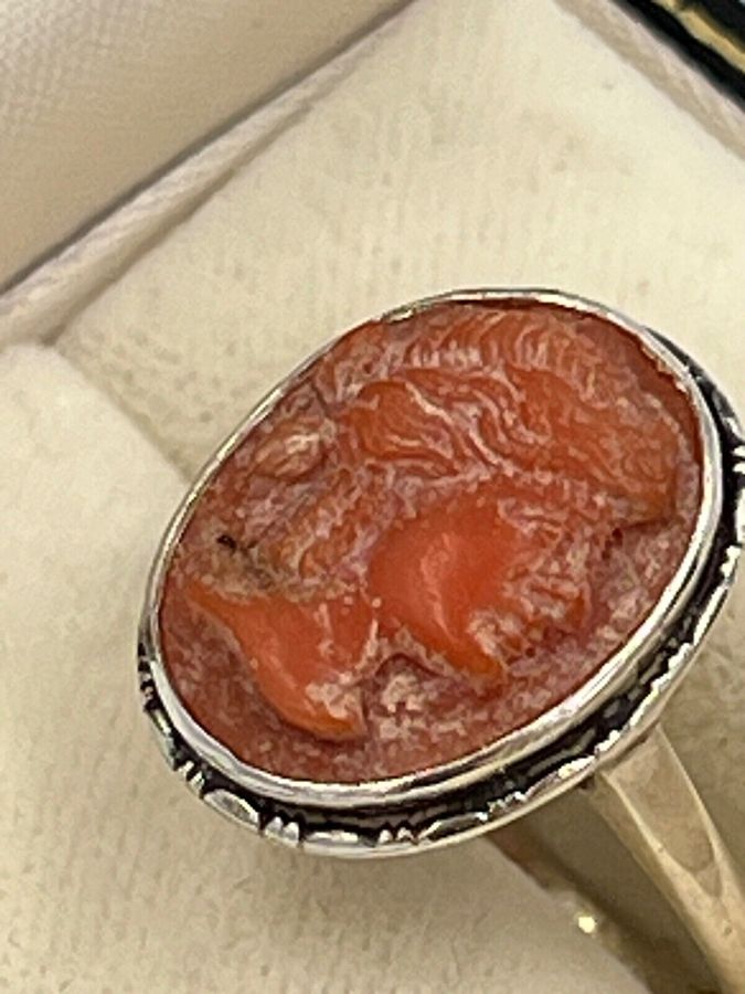 Antique Antique Victorian Carved Coral Cameo Ring Silver Hallmarked Size Q