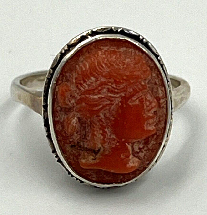 Antique Antique Victorian Carved Coral Cameo Ring Silver Hallmarked Size Q