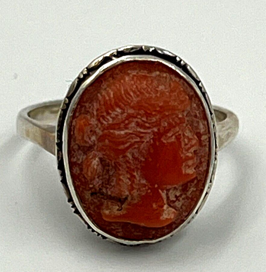 Antique Antique Victorian Carved Coral Cameo Ring Silver Hallmarked Size Q