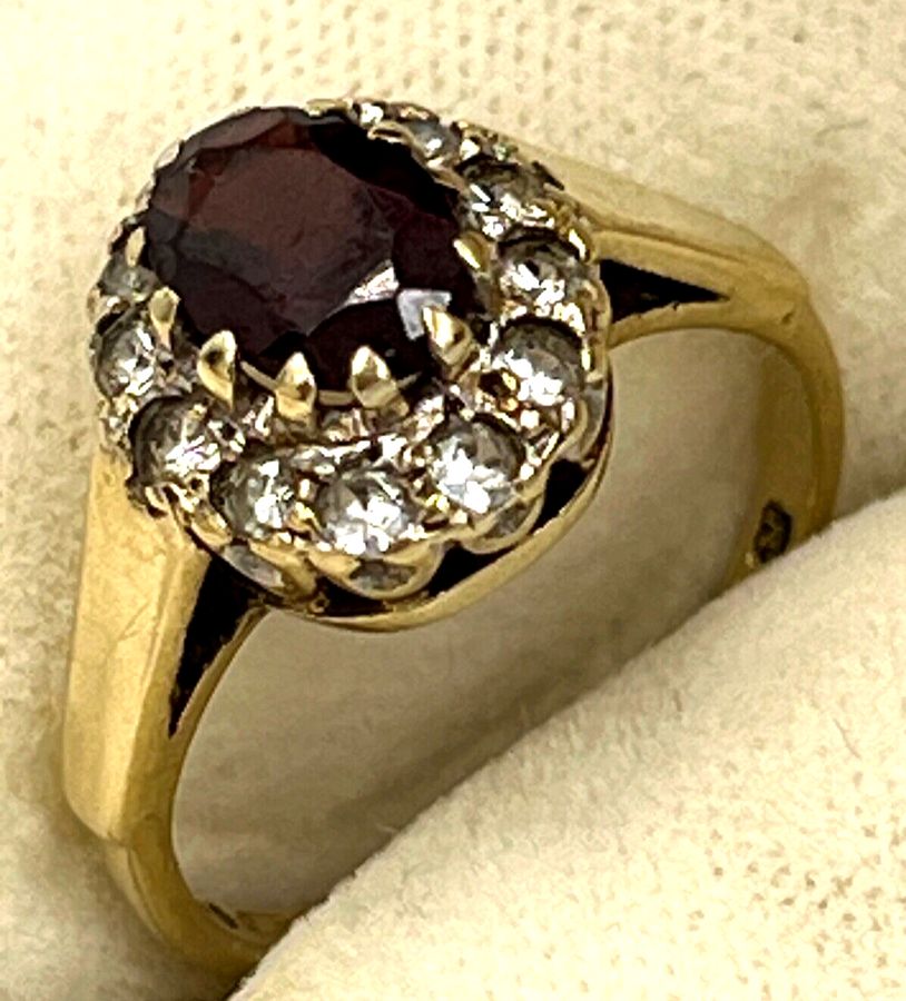 Antique Vintage 9 CT Gold Ring Set with Large Garnet & Clear Stones Size K