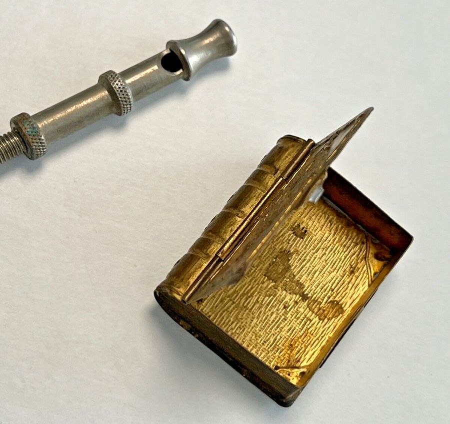 Antique White Metal Whistle and Brass Pill Snuff Box in the Form of Holy Book